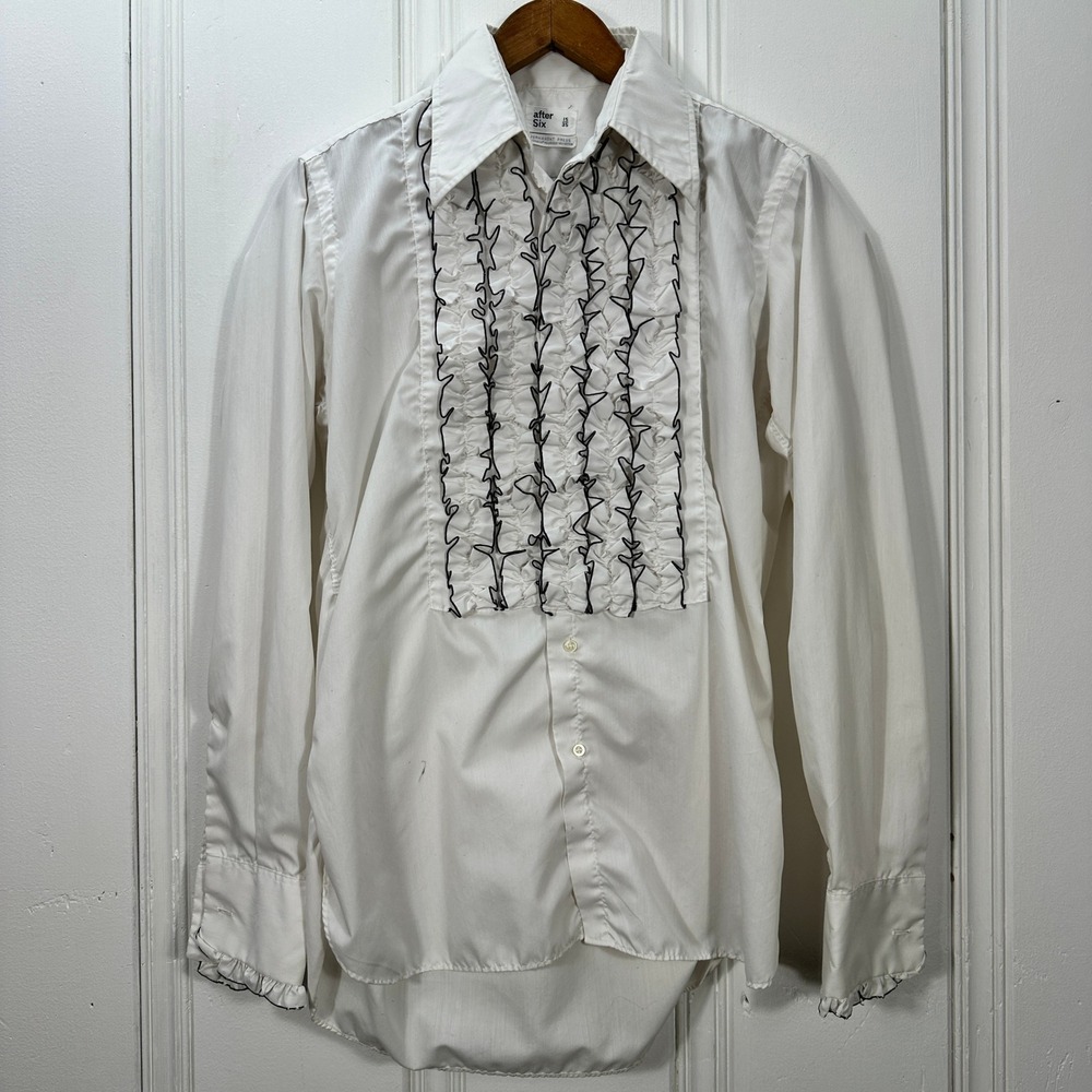 Vintage 1970s After Six Ruffle Tuxedo Shirt 15 35 White Black Disco Formal